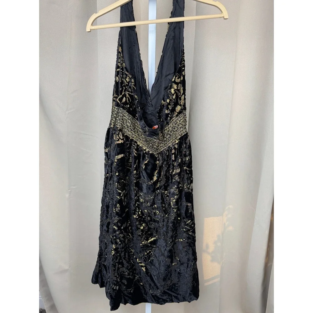 Vintage Y2K Cynthia Steffe Black Gold Burnout Velvet Silk Halter Whimsigoth 2 - Picture 4 of 8